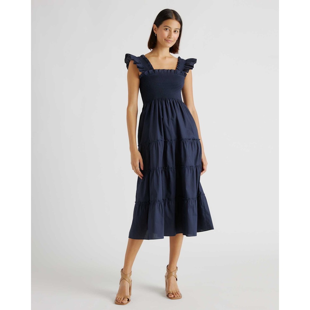 Quince Womens Navy Blue Organic Cotton Smocked Tiered Ruffle Midi Dress XS